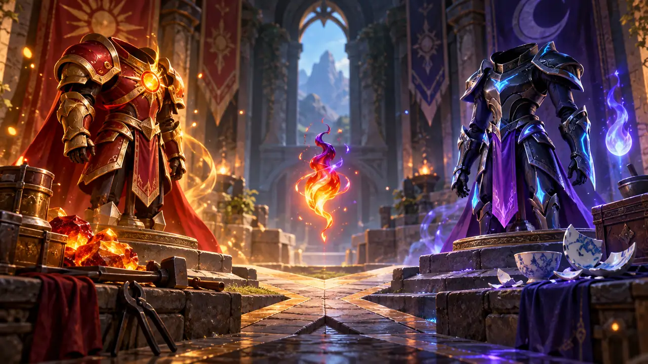 Original fantasy illustration of red-gold and indigo-blue ceremonial armor on either side of a glowing flame in a stone hall.
