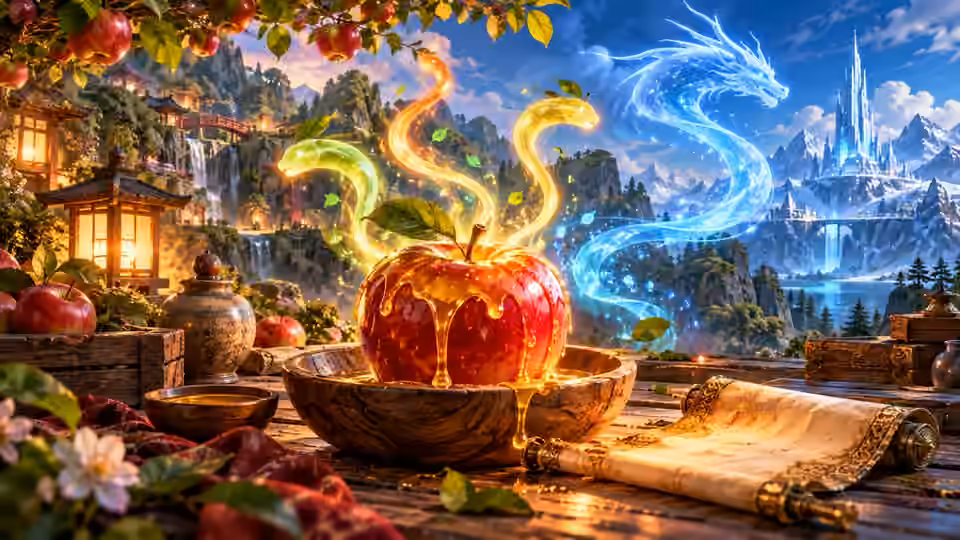 Original fantasy illustration of a honey-glazed apple with glowing dragon-shaped wisps between an orchard and icy mountain citadel.
