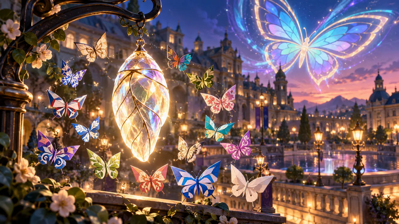 Original fantasy illustration of a glowing chrysalis and colorful origami butterflies over a twilight city plaza.