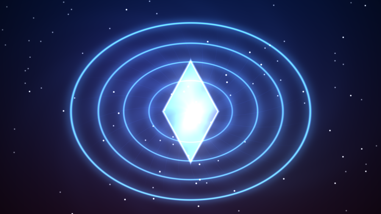 Original illustration of four luminous power-up rings surrounding a glowing blue crystal, representing Mega Evolution levels in Pokémon GO.