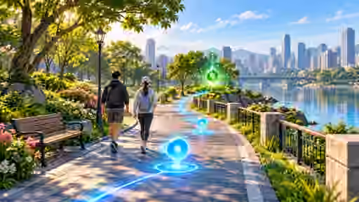 Two walkers follow a glowing blue route through a waterfront park toward a green geometric landmark.