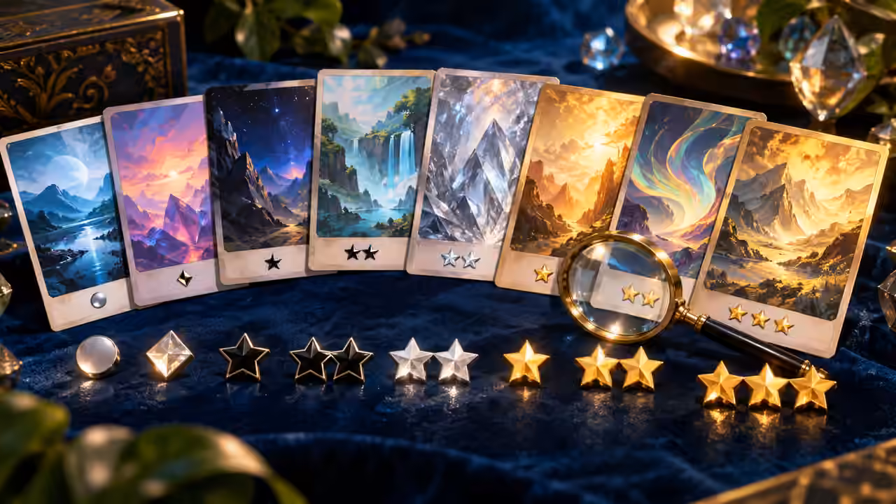 Original fantasy trading cards with black, silver, and gold rarity symbols beside a magnifying glass